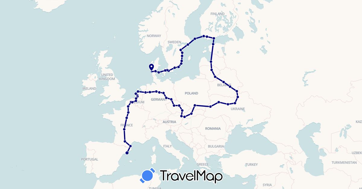 TravelMap itinerary: driving in Austria, Belgium, Belarus, Czech Republic, Germany, Denmark, Estonia, Spain, Finland, France, Lithuania, Latvia, Netherlands, Poland, Sweden, Slovakia, Ukraine (Europe)